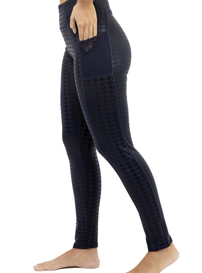 Glänzende marineblaue Leggings mit hoher Taille und Hahnentrittmuster und Doppeltaschen