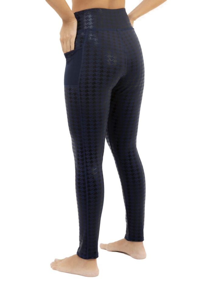 Glänzende marineblaue Leggings mit hoher Taille und Hahnentrittmuster und Doppeltaschen