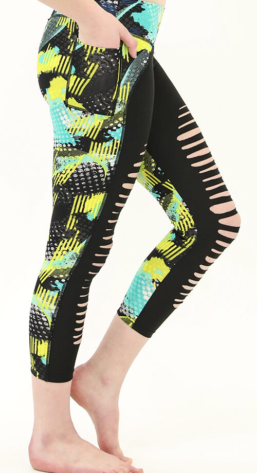 Aktive, zerrissene Yoga-Leggings in Grün und Schwarz mit hoher Taille und Tasche