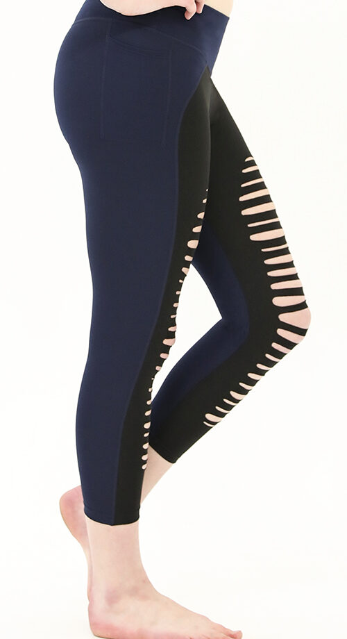 Aktive, marineblau-schwarze, zerrissene Yoga-Leggings mit hoher Taille und Tasche