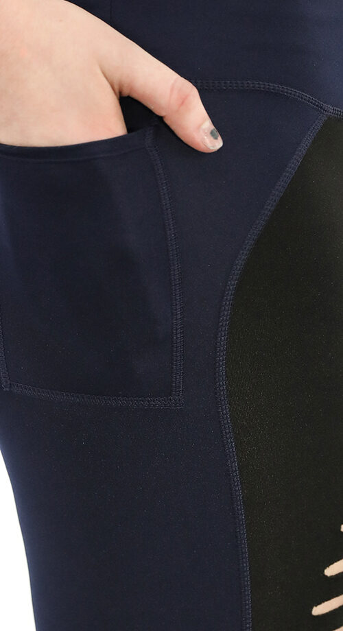 Aktive, marineblau-schwarze, zerrissene Yoga-Leggings mit hoher Taille und Tasche