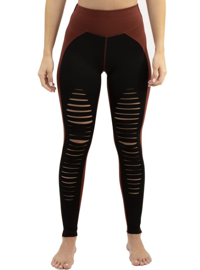 Aktive, zerrissene Yoga-Leggings mit hoher Taille in Schwarz und rustikalem Ton