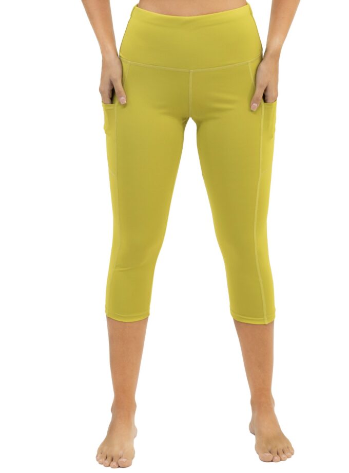 Damen Goldene Limette (Grün) Capri 3/4 Leggings mit Handy Tasche