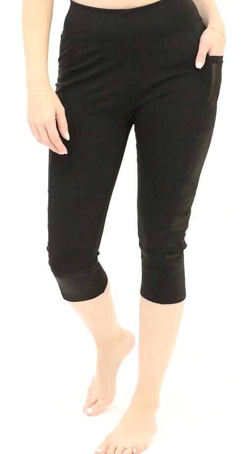 Schwarze 3/4-Caprihose mit hoher Taille, doppelten Handytaschen und Mesh-Einsätzen