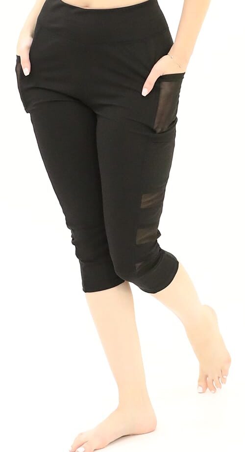 Schwarze 3/4-Caprihose mit hoher Taille, doppelten Handytaschen und Mesh-Einsätzen