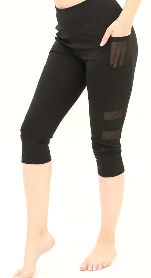 Schwarze 3/4-Caprihose mit hoher Taille, doppelten Handytaschen und Mesh-Einsätzen