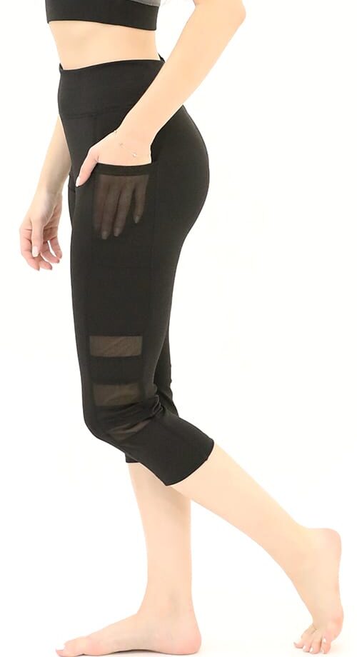 Schwarze 3/4-Caprihose mit hoher Taille, doppelten Handytaschen und Mesh-Einsätzen