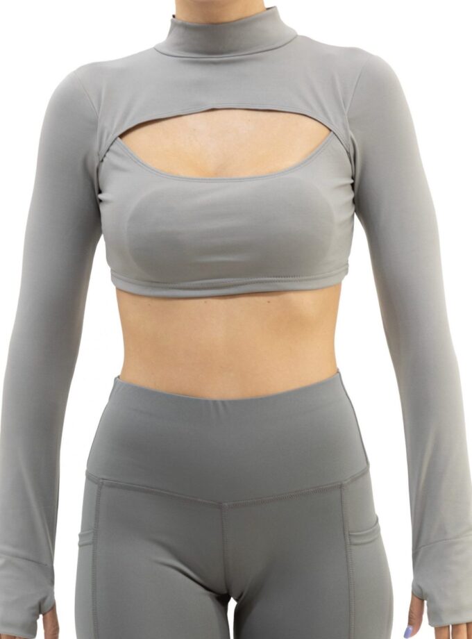 Langärmliges, ausgehöhltes Sport-Kurztop in Grau mit durchgehendem Rücken