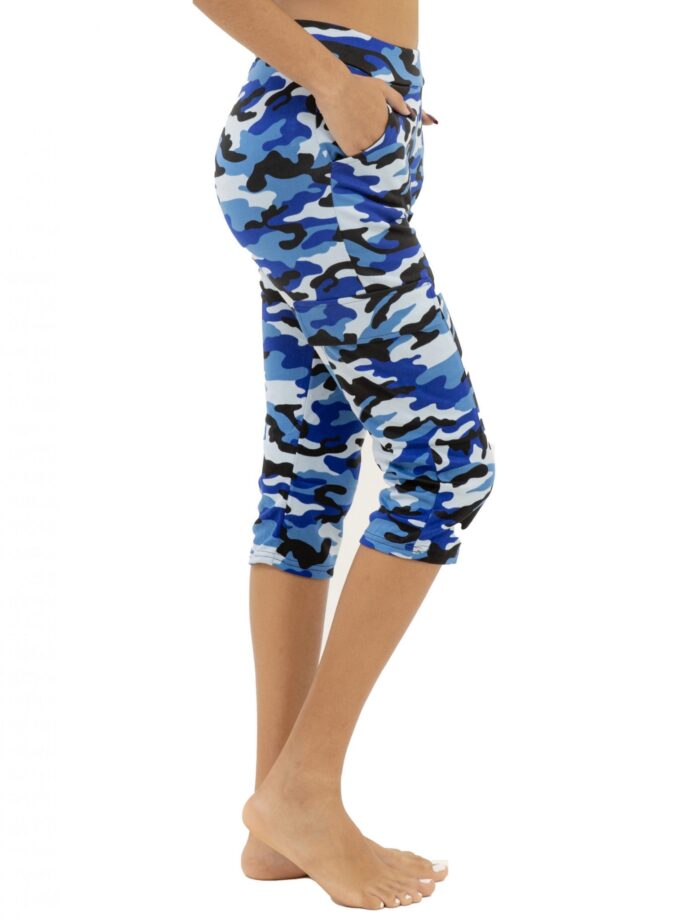 Yoga-Caprihose mit hoher Taille, aktiver blauer Tarnung, Seitentaschen-Design und Doppeltaschen