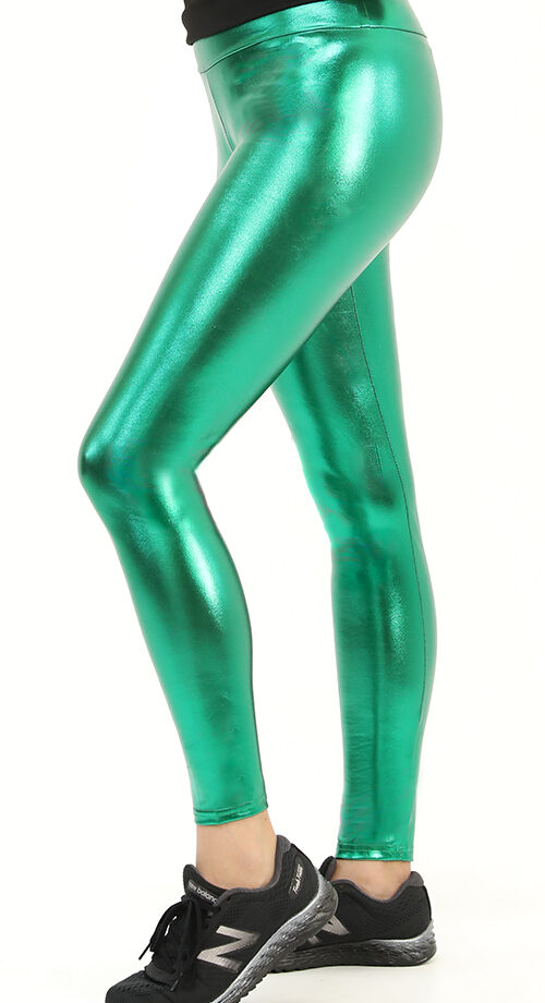 Leder-Optik PU Kunstleder Grüne Leggings mit elastischer Taille und High Waist Bundhöhe