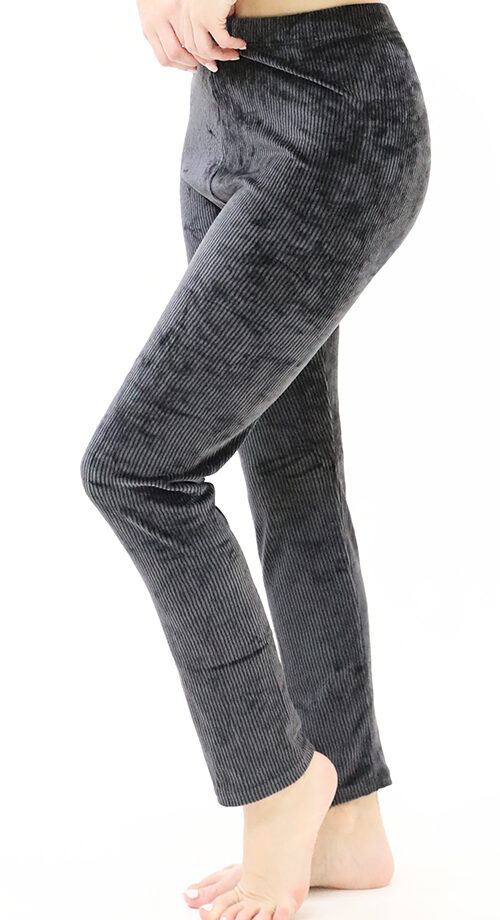 Graue Winter-Samt-Leggings – Gestreift – Elastische Taille, Blickdicht