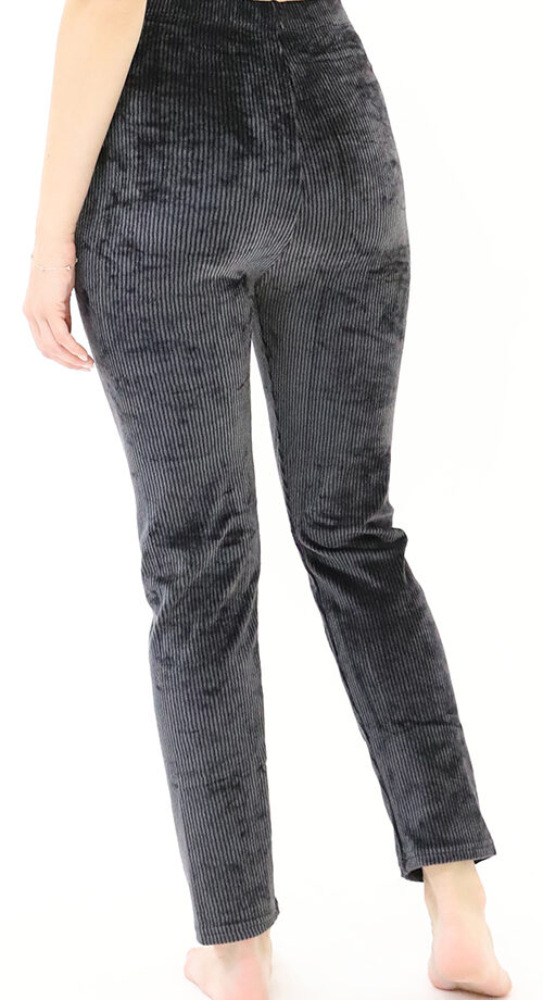 Graue Winter-Samt-Leggings – Gestreift – Elastische Taille, Blickdicht